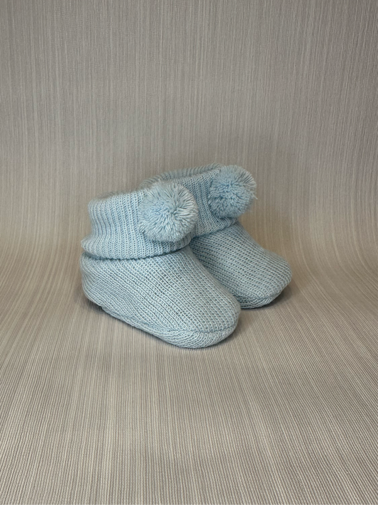 Blue Knitted Booties with Pom Pom